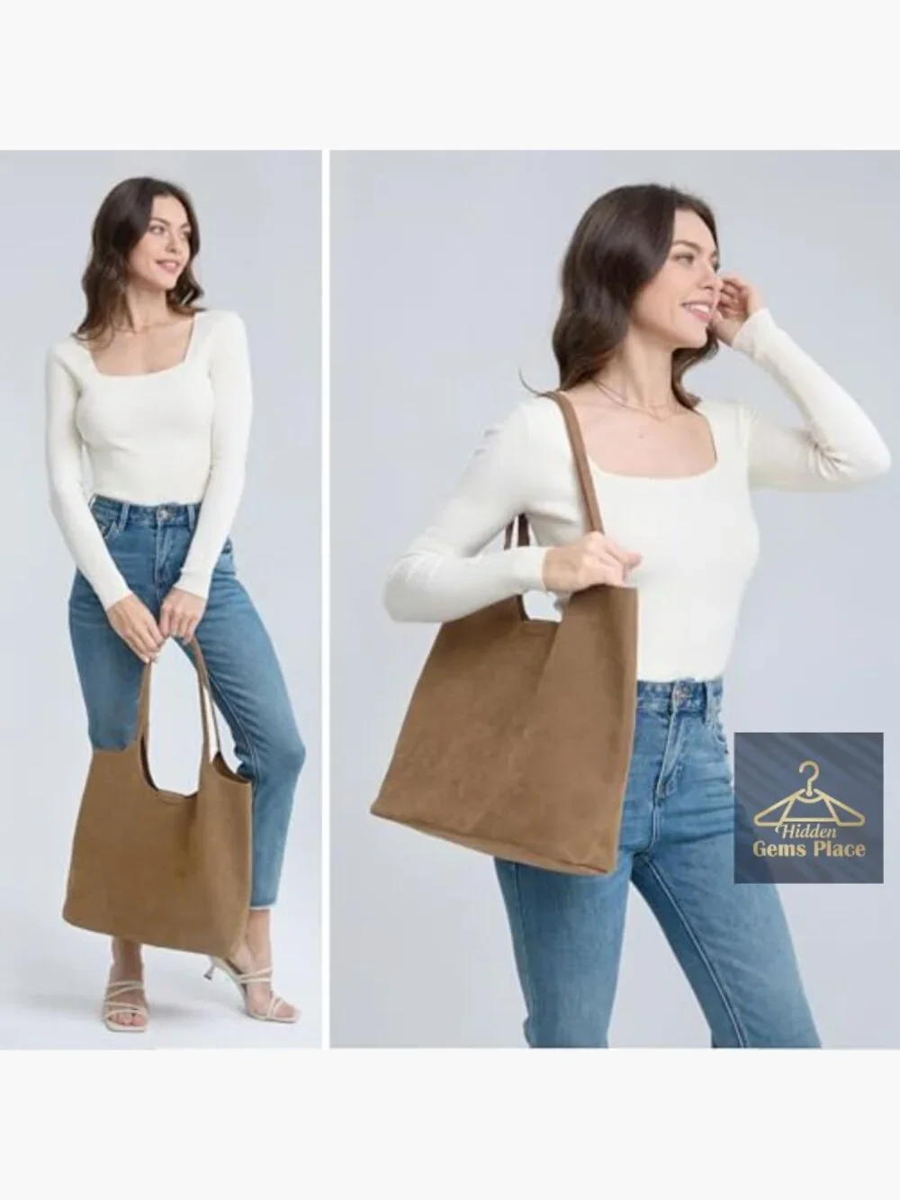 Faux Suede Hobo Tote Bag with Magnetic Closure - Soft Vegan Leather Handbag